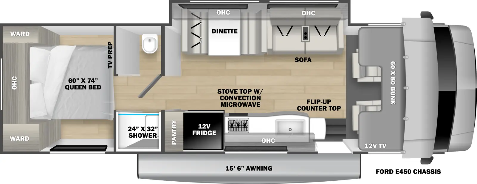 The 2851SLE has 1 slide out on the off-door side. Exterior features include a 15 ft. 6 in. awning and it is built on a Ford E-450 chassis. Interior layout from front to back includes: front 60 x 80 cab over bunk; off-door side slide out holding a dinette, overhead cabinet and sofa; door side kitchen with pantry, 12V refrigerator, stovetop with microwave, sink, overhead cabinet and flip-up countertop extension; walk-through bathroom with toilet and 24 x 32 shower; rear bedroom with foot-facing 60 x 74 Queen bed, overhead cabinet and opposing side eardrobes.